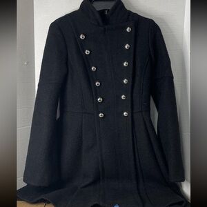 Guess Black Wool Double-Breasted Military Pea Coat